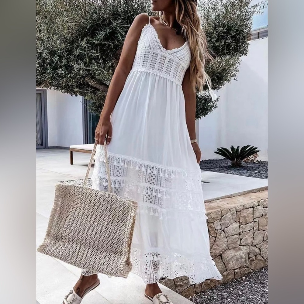 Bohemian Patchwork Tassels Crochet Sleeveless Maxi Summer Dress
